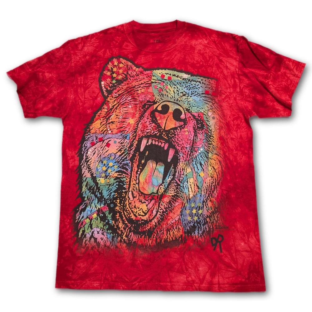 The Mountain Mens M T-Shirt Red Multi-Color Grizzly Bear Dean Russo Tie Dye